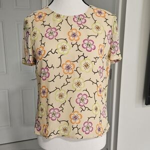 CHANEL Cream Floral Short-Sleeve Blouse with Pink Orange Green Flowers
